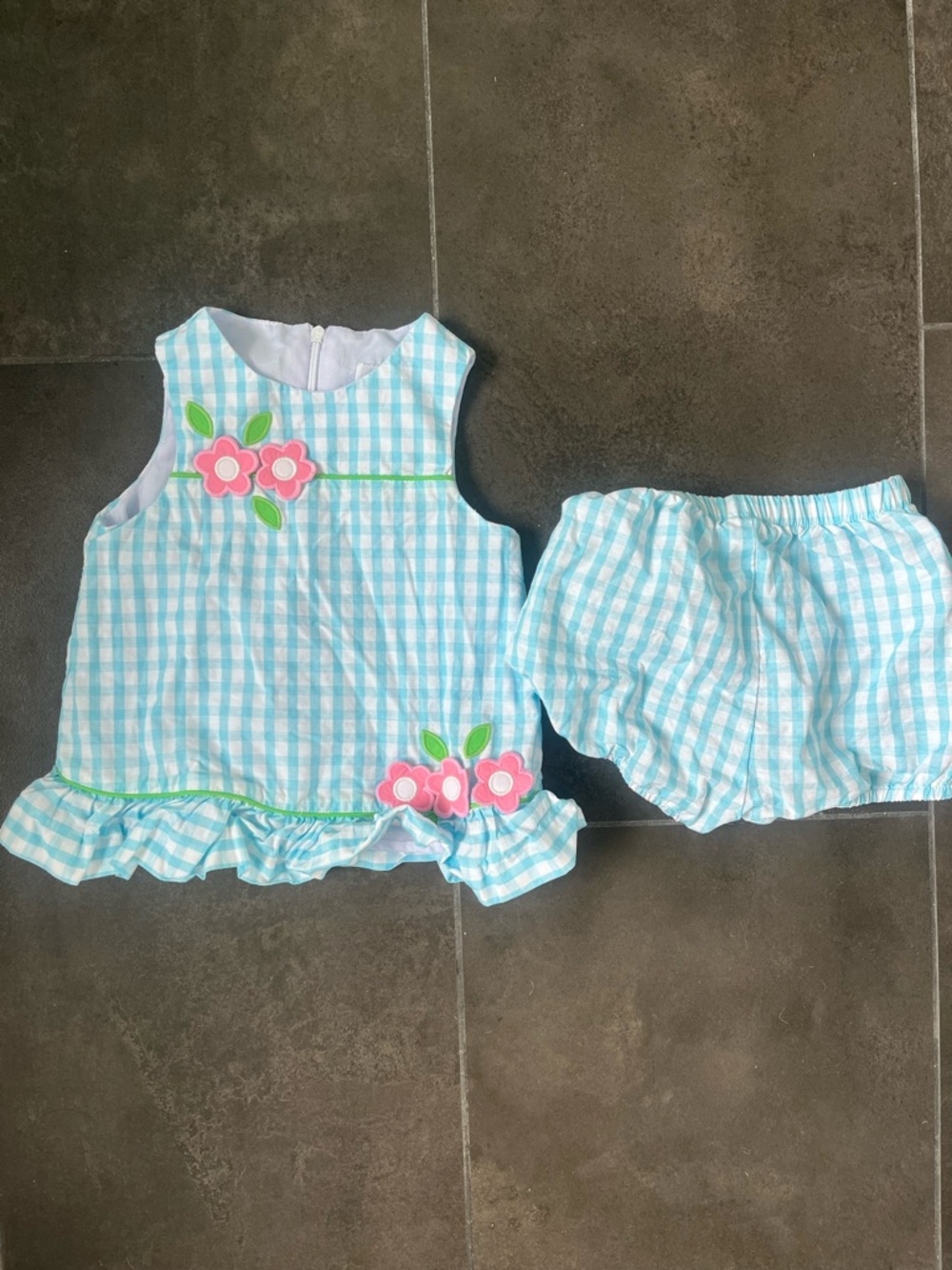 Florence Eiseman Blue Gingham Dress & Bloomers with Pink Floral Appliqués